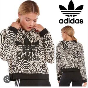 Adidas Beige Black  Leopard print cropped oversized Hoodie Women M Sporty Casual